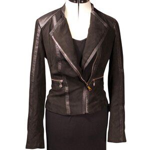H&M Faux Suede Moto Jacket with Faux Leather Trim - Size 2 (EUR 32)
